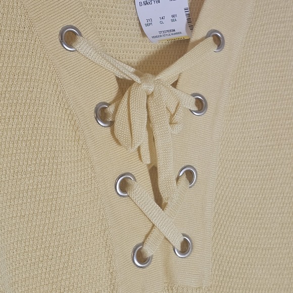 All at Once Sweater Womens Medium Yellow Waffle Knit Lace Up Tie Neck Tunic Top - Picture 6 of 15